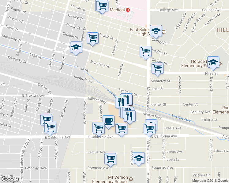 map of restaurants, bars, coffee shops, grocery stores, and more near 2001 Kentucky Street in Bakersfield