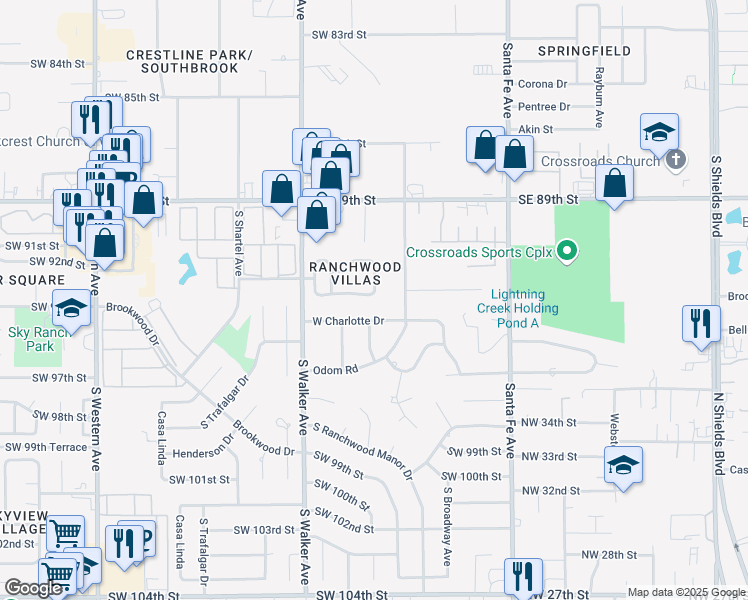 map of restaurants, bars, coffee shops, grocery stores, and more near 300 Southwest 93rd Street in Oklahoma City