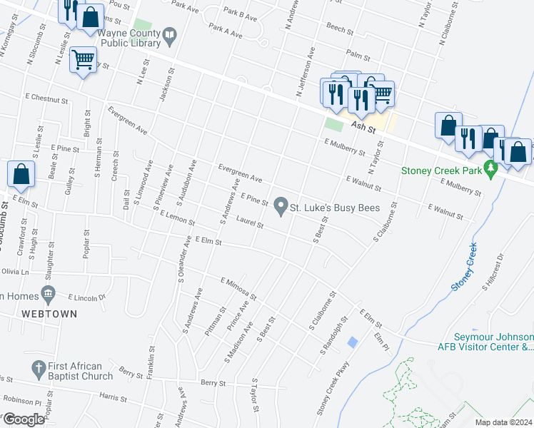 map of restaurants, bars, coffee shops, grocery stores, and more near 302 South Jefferson Avenue in Goldsboro