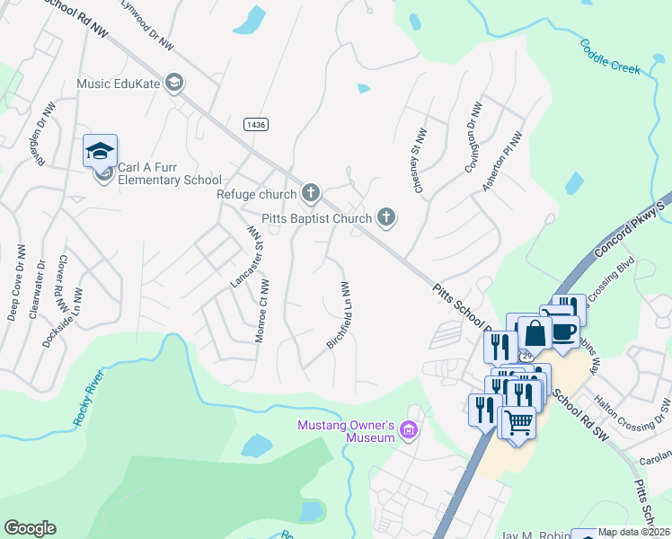 map of restaurants, bars, coffee shops, grocery stores, and more near 5828 Birchfield Lane Northwest in Concord