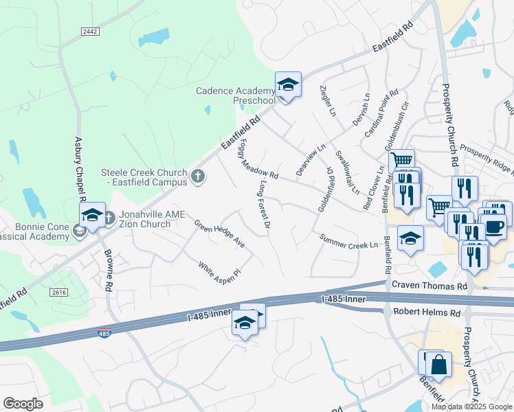 map of restaurants, bars, coffee shops, grocery stores, and more near 11835 Long Forest Drive in Charlotte