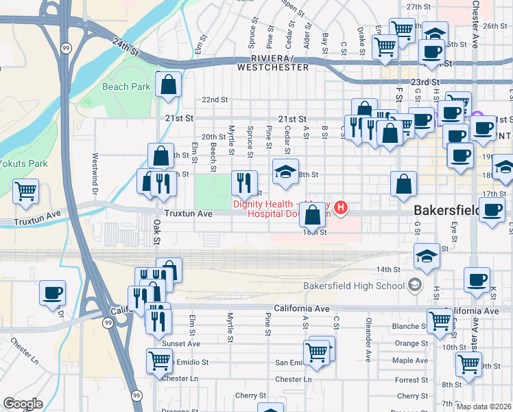 map of restaurants, bars, coffee shops, grocery stores, and more near 2621 Truxtun Avenue in Bakersfield