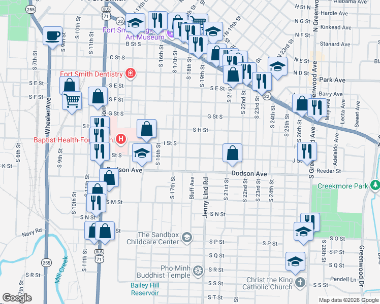 map of restaurants, bars, coffee shops, grocery stores, and more near 1108 South 18th Street in Fort Smith