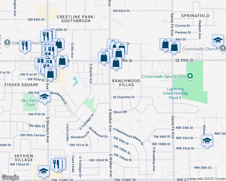 map of restaurants, bars, coffee shops, grocery stores, and more near 9413 Charwood Drive in Oklahoma City