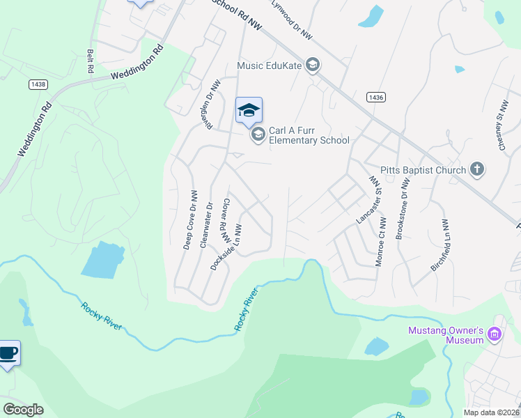 map of restaurants, bars, coffee shops, grocery stores, and more near 3000 Clover Road Northwest in Concord
