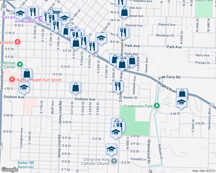map of restaurants, bars, coffee shops, grocery stores, and more near 901-999 S 25th St in Fort Smith