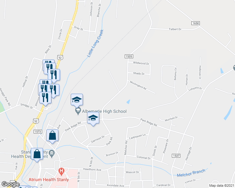 map of restaurants, bars, coffee shops, grocery stores, and more near 410 Mountain Creek Road in Albemarle