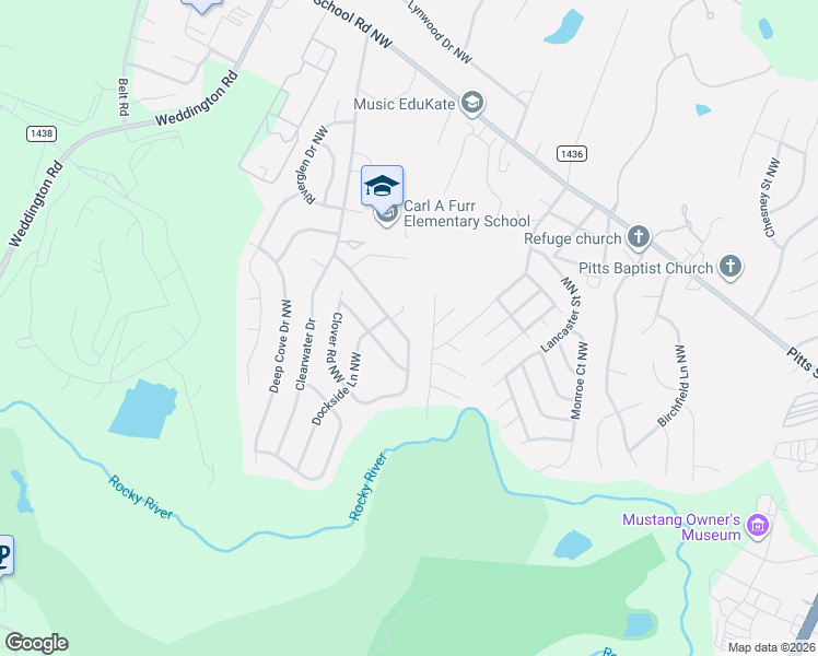 map of restaurants, bars, coffee shops, grocery stores, and more near 2960 Clover Road Northwest in Concord