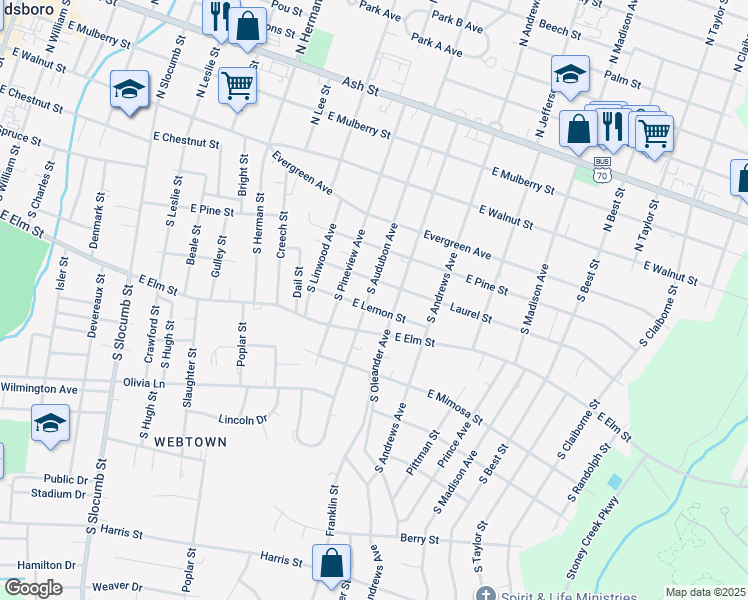 map of restaurants, bars, coffee shops, grocery stores, and more near 406 South Audubon Avenue in Goldsboro