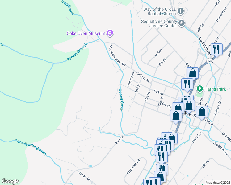 map of restaurants, bars, coffee shops, grocery stores, and more near 524 Cherry Street in Dunlap