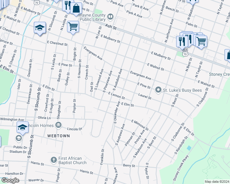 map of restaurants, bars, coffee shops, grocery stores, and more near 406 South Audubon Avenue in Goldsboro