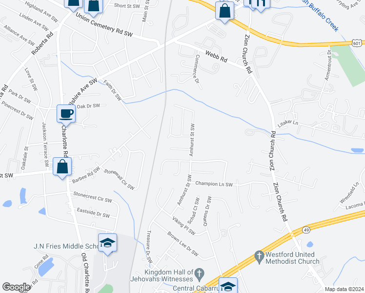 map of restaurants, bars, coffee shops, grocery stores, and more near 2816 Trestle Court Southwest in Concord