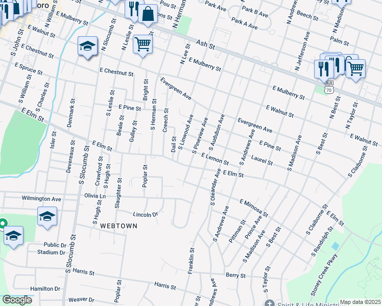 map of restaurants, bars, coffee shops, grocery stores, and more near 501 South Pineview Avenue in Goldsboro