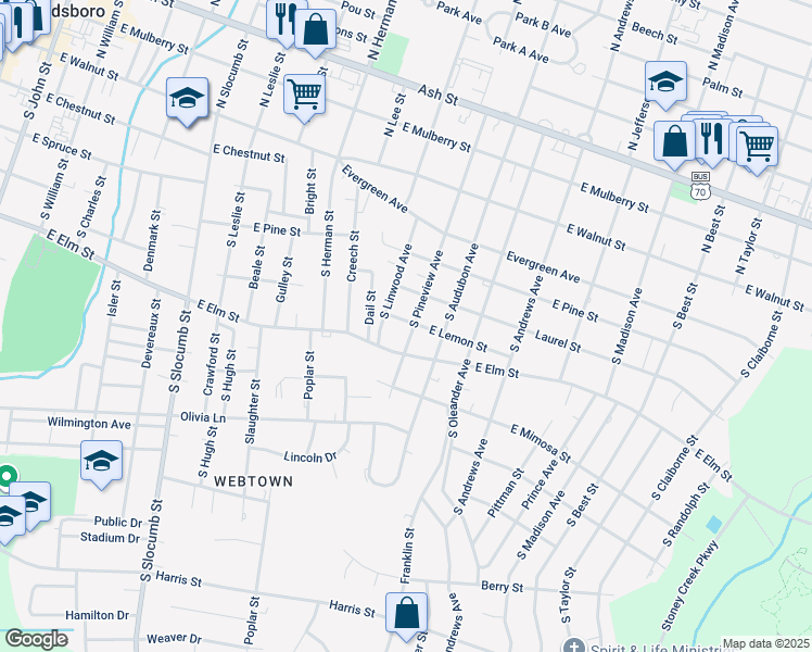 map of restaurants, bars, coffee shops, grocery stores, and more near 501 South Pineview Avenue in Goldsboro
