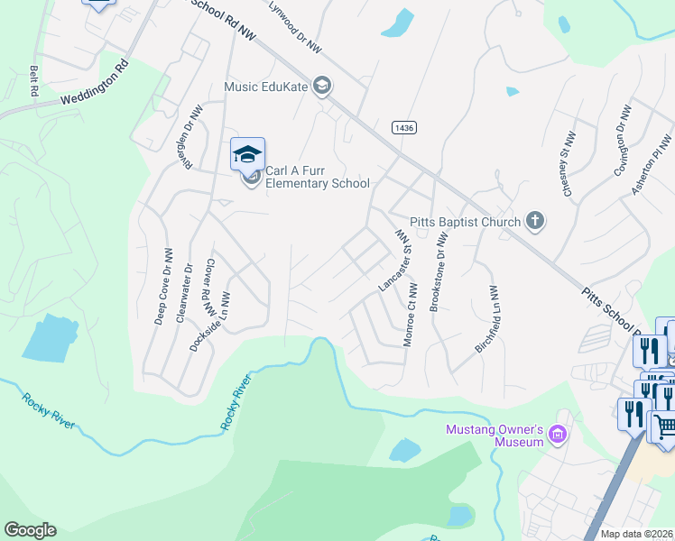 map of restaurants, bars, coffee shops, grocery stores, and more near 2917 Plantation Road Northwest in Concord