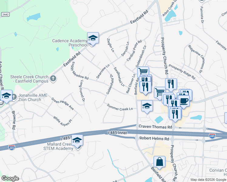 map of restaurants, bars, coffee shops, grocery stores, and more near 9196 Foggy Meadow Road in Charlotte