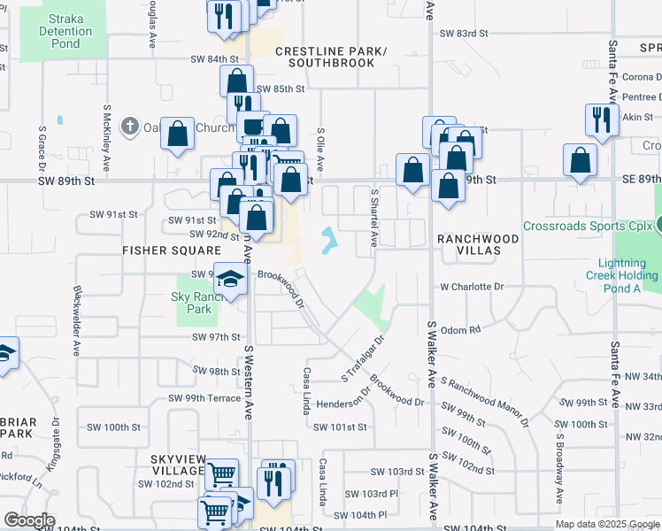 map of restaurants, bars, coffee shops, grocery stores, and more near 758 Brookwood Drive in Oklahoma City