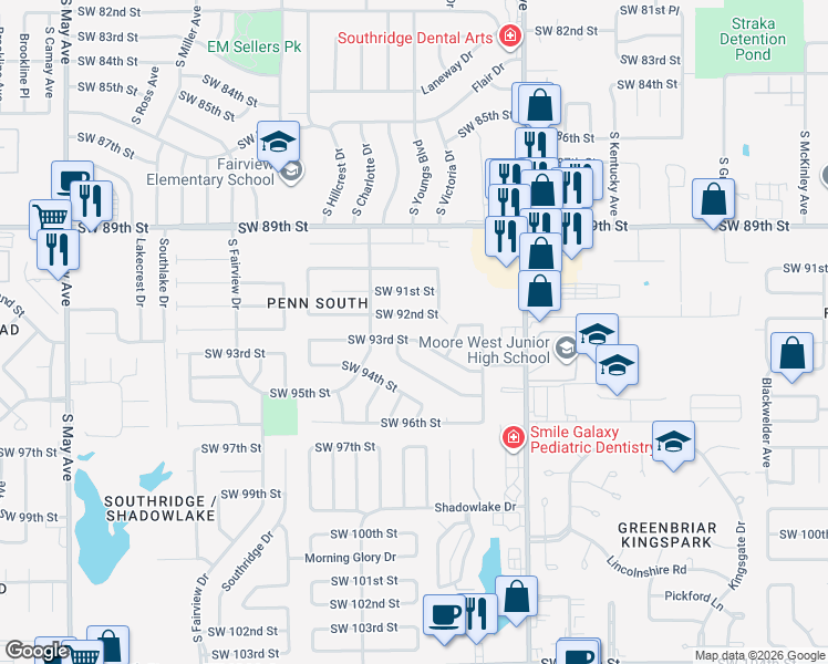 map of restaurants, bars, coffee shops, grocery stores, and more near 2321 Southwest 92nd Street in Oklahoma City