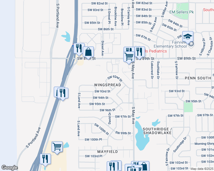 map of restaurants, bars, coffee shops, grocery stores, and more near 3040 Southwest 92nd Street in Oklahoma City