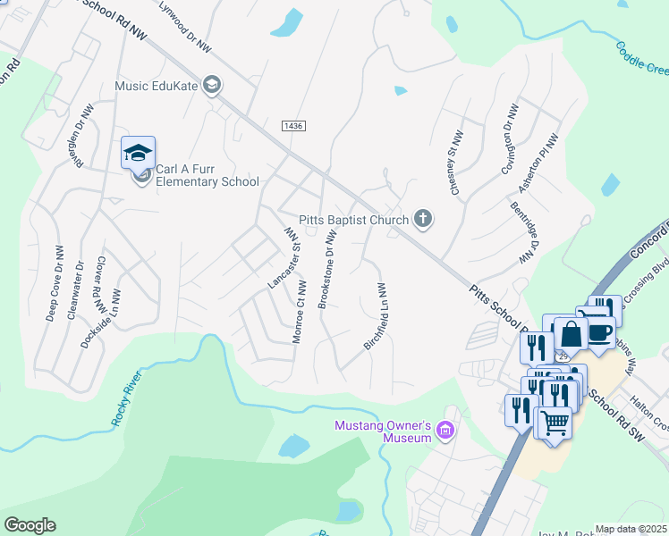 map of restaurants, bars, coffee shops, grocery stores, and more near 2841 Ridge Crossing Court Northwest in Concord