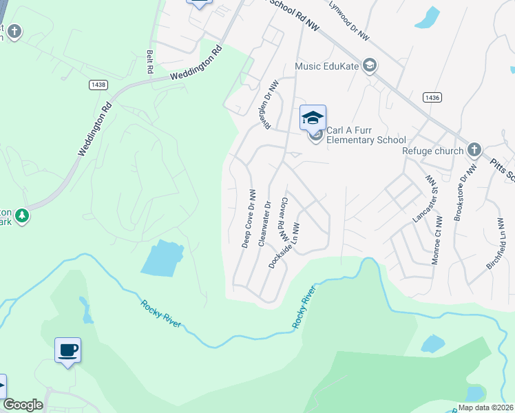 map of restaurants, bars, coffee shops, grocery stores, and more near 2902 Deep Cove Drive Northwest in Concord