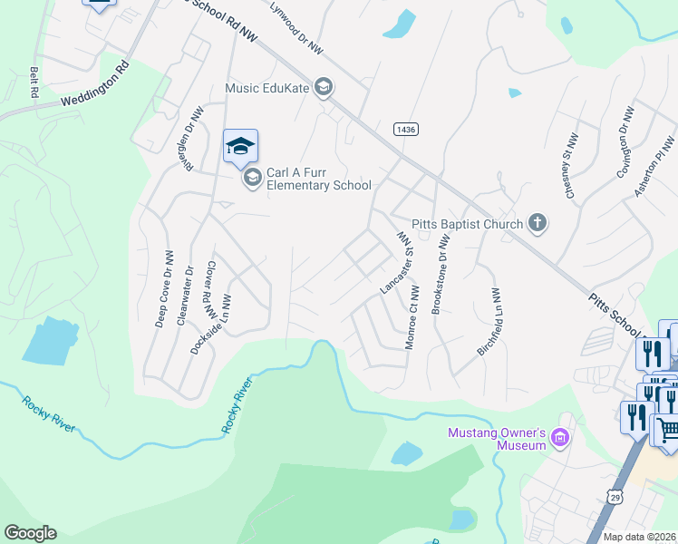 map of restaurants, bars, coffee shops, grocery stores, and more near 2917 Plantation Road Northwest in Concord
