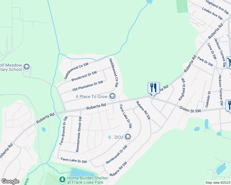 map of restaurants, bars, coffee shops, grocery stores, and more near 2624 Saddlewood Circle Southwest in Concord