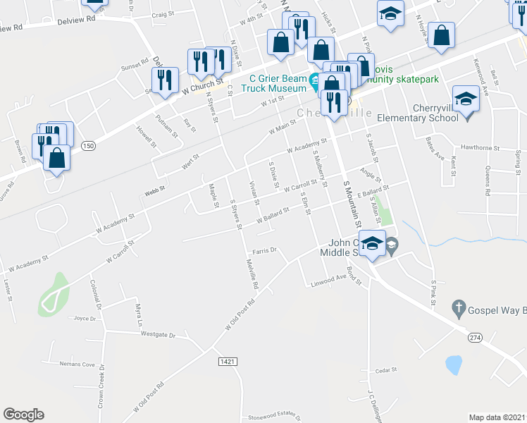 map of restaurants, bars, coffee shops, grocery stores, and more near 301 Vivian Street in Cherryville