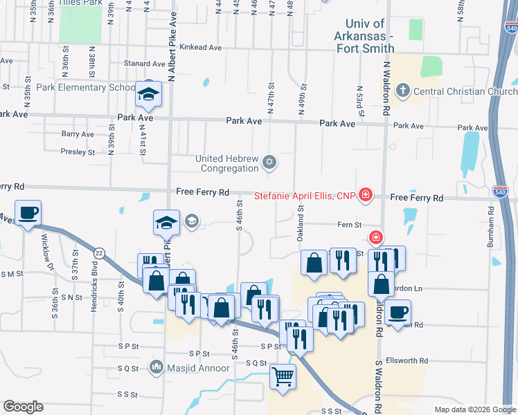 map of restaurants, bars, coffee shops, grocery stores, and more near 4627 Free Ferry Road in Fort Smith