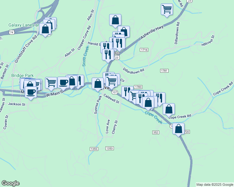 map of restaurants, bars, coffee shops, grocery stores, and more near 116 East Main Street in Sylva
