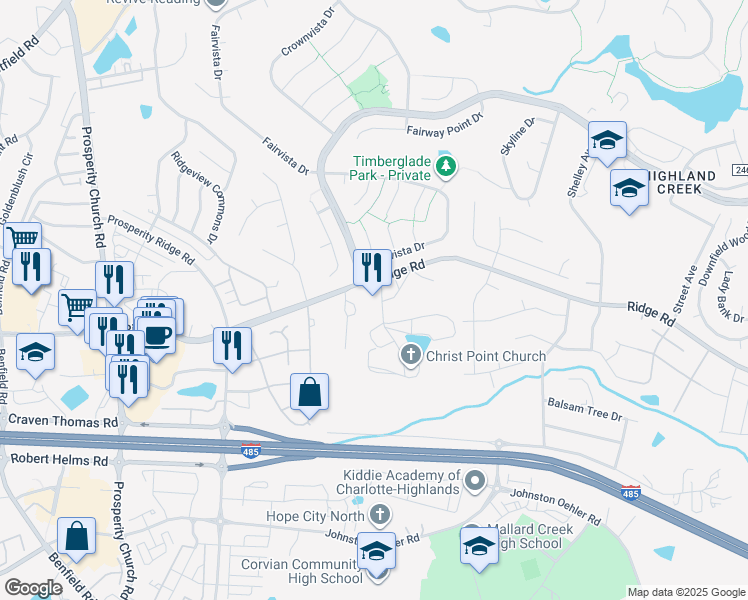 map of restaurants, bars, coffee shops, grocery stores, and more near 4503 Ridge Road in Charlotte