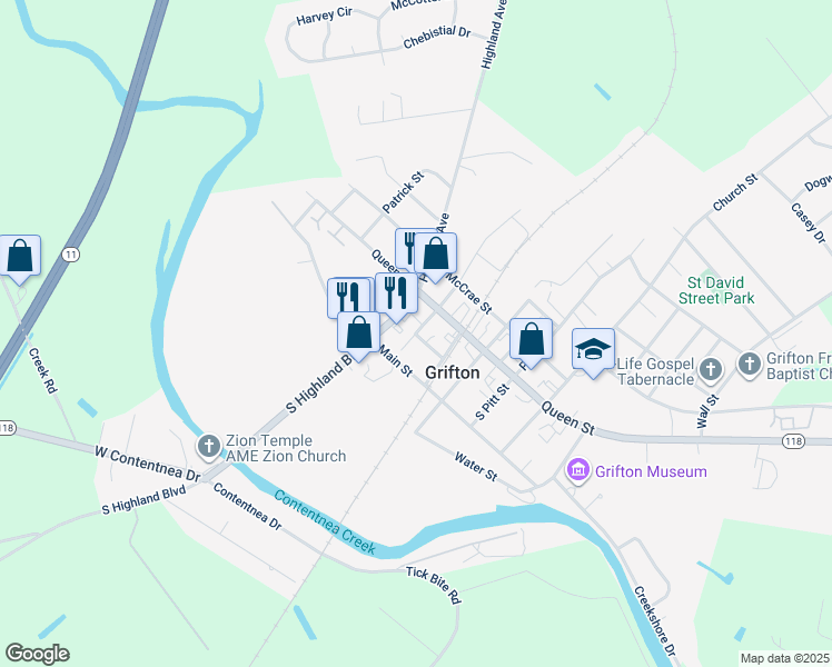 map of restaurants, bars, coffee shops, grocery stores, and more near 6737 South Dupont Street in Grifton