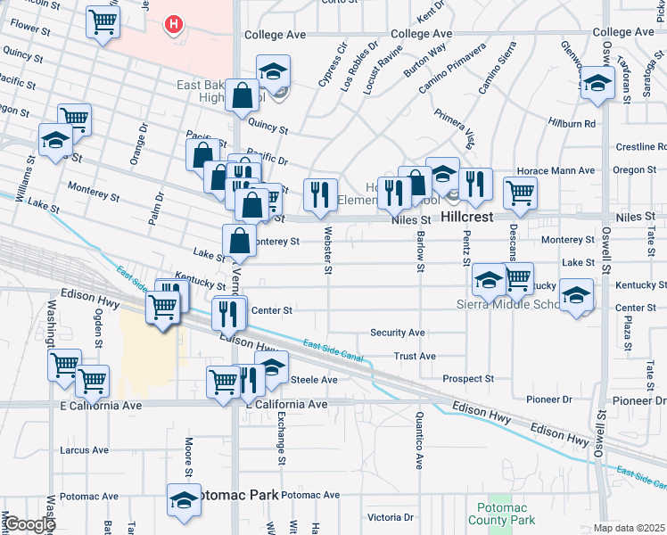 map of restaurants, bars, coffee shops, grocery stores, and more near 2449 Monterey Street in Bakersfield