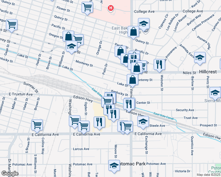 map of restaurants, bars, coffee shops, grocery stores, and more near 2005 Lake Street in Bakersfield