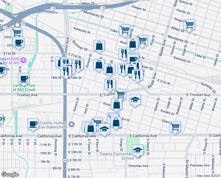 map of restaurants, bars, coffee shops, grocery stores, and more near 510 East 18th Street in Bakersfield