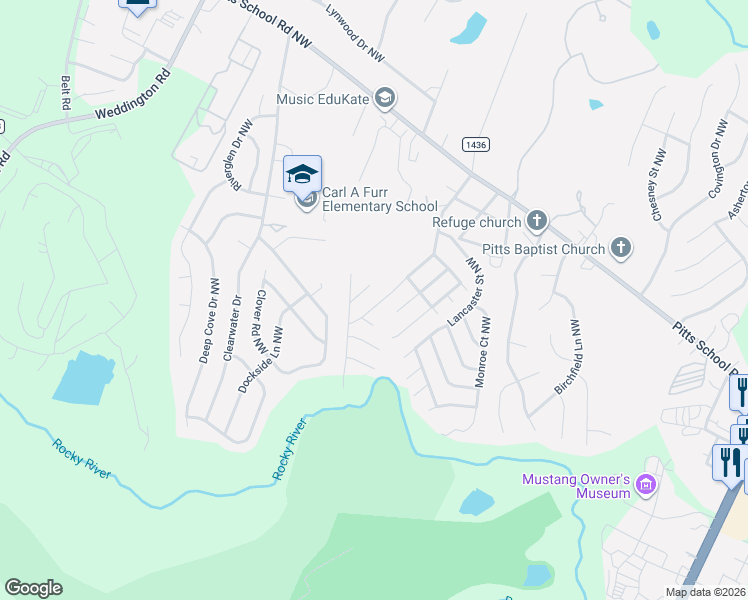 map of restaurants, bars, coffee shops, grocery stores, and more near 2917 Plantation Road Northwest in Concord