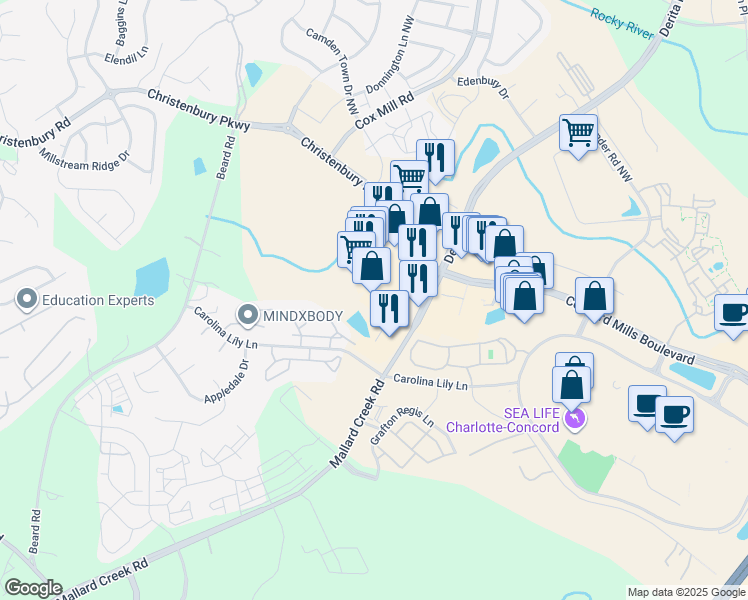 map of restaurants, bars, coffee shops, grocery stores, and more near 8915 Christenbury Parkway in Concord