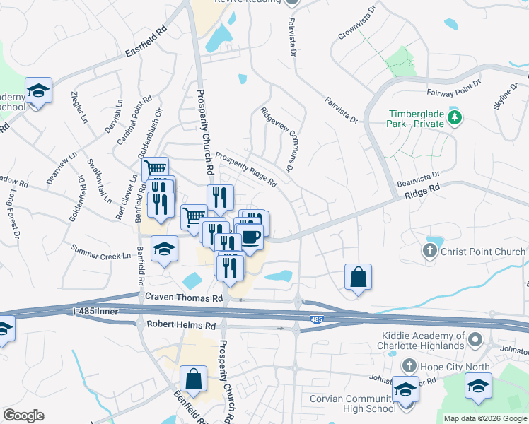 map of restaurants, bars, coffee shops, grocery stores, and more near 4751 Forestridge Commons Drive in Charlotte
