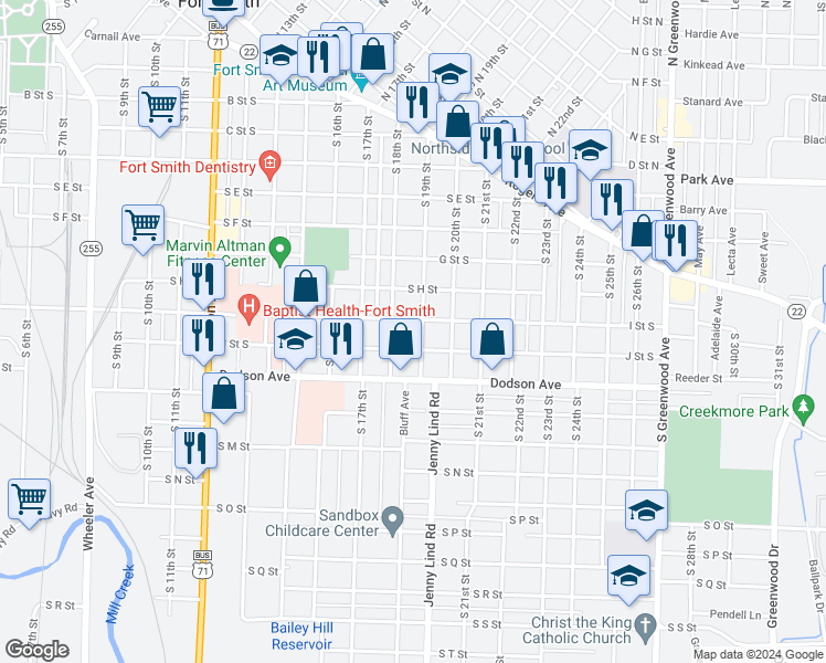 map of restaurants, bars, coffee shops, grocery stores, and more near 922 South 19th Street in Fort Smith