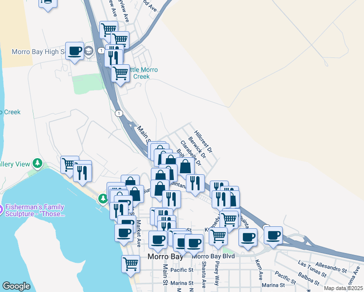 map of restaurants, bars, coffee shops, grocery stores, and more near 1341 Clarabelle Drive in Morro Bay