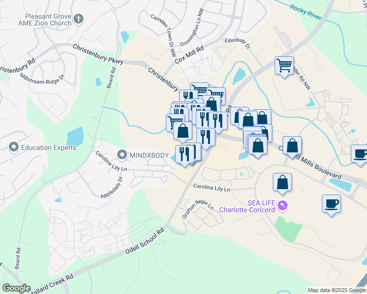 map of restaurants, bars, coffee shops, grocery stores, and more near 8875 Christenbury Parkway in Concord