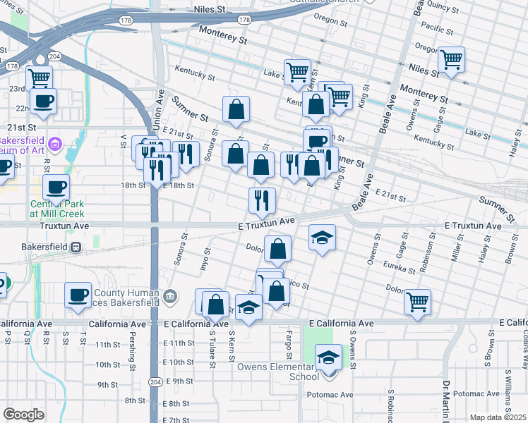 map of restaurants, bars, coffee shops, grocery stores, and more near 510 East 18th Street in Bakersfield