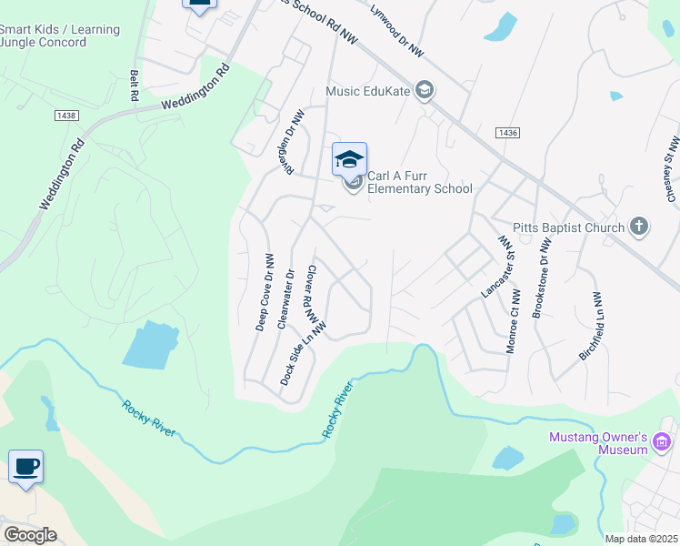 map of restaurants, bars, coffee shops, grocery stores, and more near 454 Whitewater Way Northwest in Concord