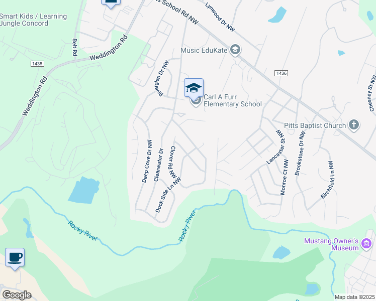 map of restaurants, bars, coffee shops, grocery stores, and more near 454 Whitewater Way Northwest in Concord