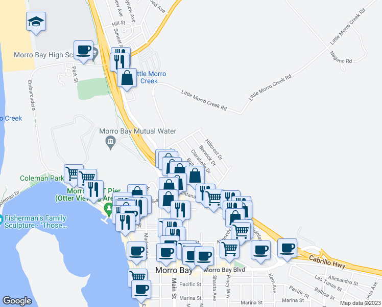 map of restaurants, bars, coffee shops, grocery stores, and more near 1341 Clarabelle Drive in Morro Bay