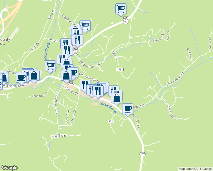map of restaurants, bars, coffee shops, grocery stores, and more near 76 New Dawn Lane in Sylva