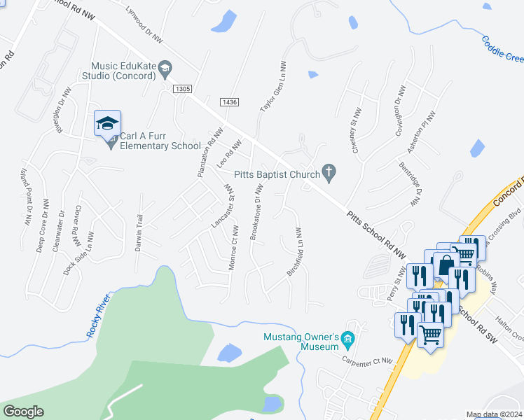 map of restaurants, bars, coffee shops, grocery stores, and more near 5891 Brookstone Drive Northwest in Concord