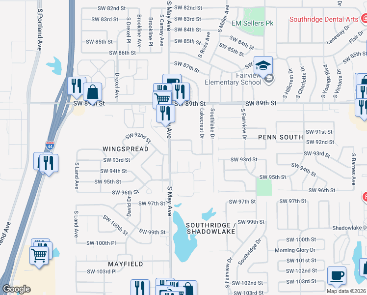 map of restaurants, bars, coffee shops, grocery stores, and more near 2812 Southwest 91st Street in Oklahoma City