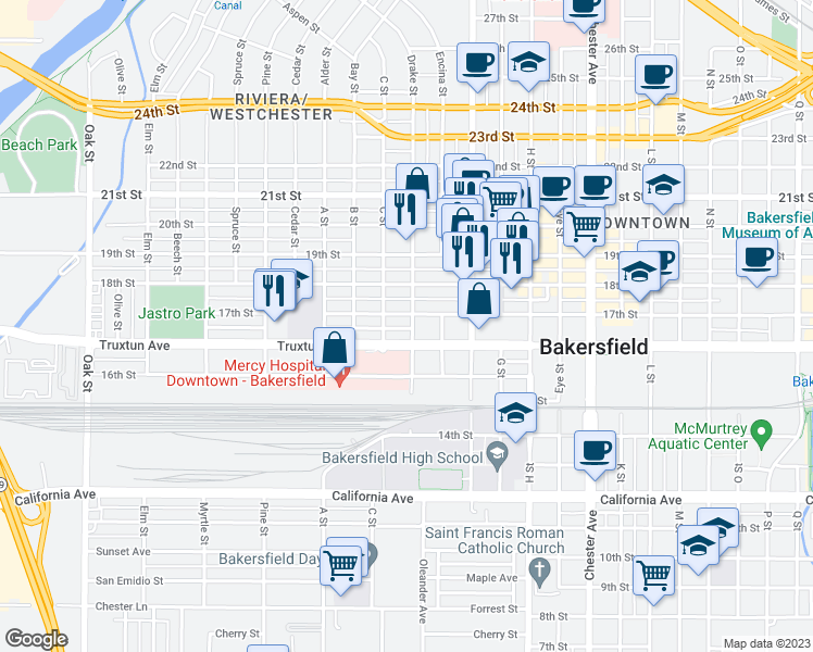 map of restaurants, bars, coffee shops, grocery stores, and more near 1669 D Street in Bakersfield