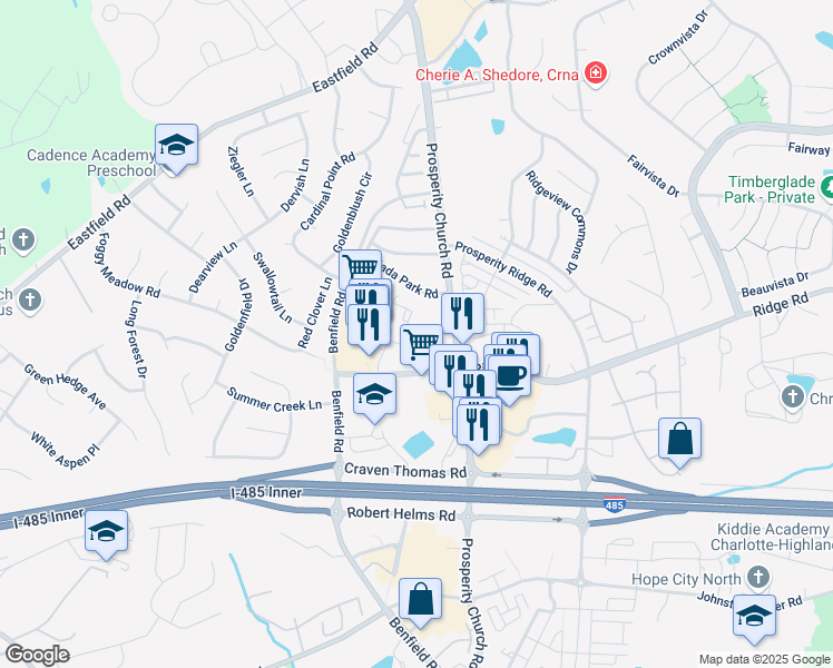 map of restaurants, bars, coffee shops, grocery stores, and more near 4530 Ashton Hill Lane in Charlotte